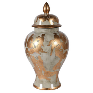 Matisse-inspired ceramic lidded jar with gold silhouettes on neutral glaze – available at Lily Bloom, Gorey, Ireland.