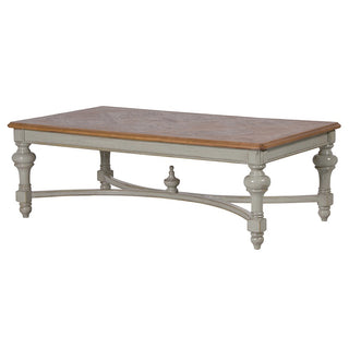 Rustic elm parquet top coffee table with painted poplar base. A generous centrepiece ideal for stylish living spaces. Buy online at www.lilybloom.ie or visit our Gorey store in Wexford, Ireland.