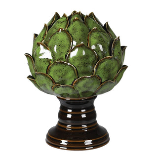 Green glazed ceramic artichoke ornament on base with handmade finish – available at Lily Bloom, Gorey, Ireland.