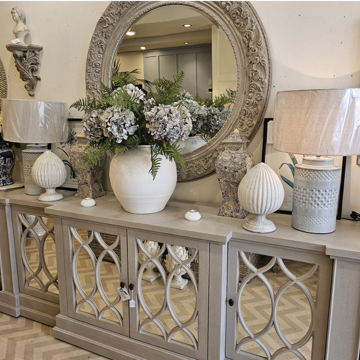 Grey wash 4 Door Mirrored Sideboard