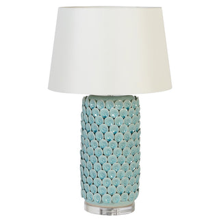 Celadon green ceramic table lamp with acrylic base and natural cotton shade – available at Lily Bloom, Gorey, Ireland.