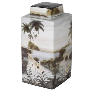 Tropical Palm Tree and Heron Lidded Jar (Medium)
