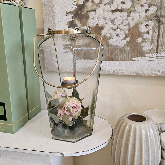 Hurricane Lamp with Faux Floral
