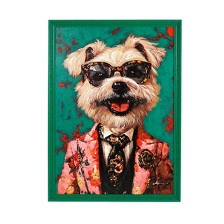 Monty cool dog painting on green background — framed acrylic on canvas wall art, contemporary statement piece for modern Irish interiors, available at Lily Bloom Gorey.