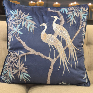 Embroidered Nightingales on Blue Velvet