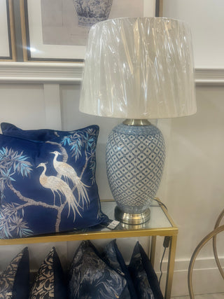 Blue and Cream Lattice Jar Lamp with Cream Shade