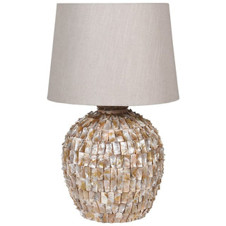 Mother of Pearl Effect Round Table Lamp with Linen Shade
