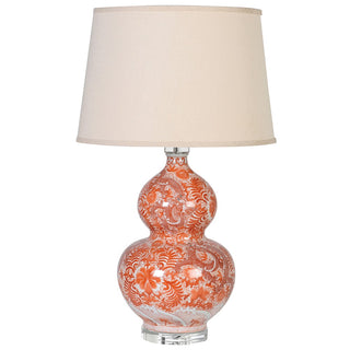 Patterned orange and apricot porcelain lamp with cotton shade – Irene lamp available at Lily Bloom, Gorey, Ireland.
