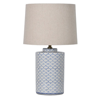 Janet – Classic Ceramic Table Lamp with Linen Shade featuring a blue and white crackle ceramic base and a soft linen fabric shade.