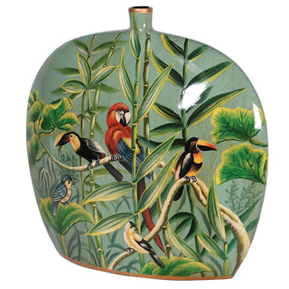 Hand-painted ceramic bud vase with green jungle bird design – available at Lily Bloom, Gorey, Ireland.