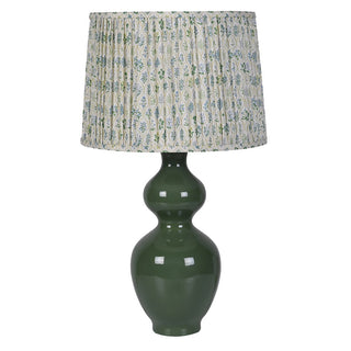 Justine Green Ceramic Table Lamp by Lily Bloom glazed green base with pleated floral fabric shade, elegant Irish home lighting.
