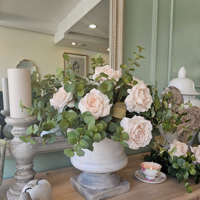 Latte Rose & Eucalyptus Display in Ceramic Planter - Pre Order