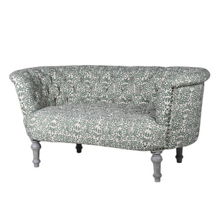 Laurence Green Paisley Sofa by Lily Bloom  bold green cotton buttoned sofa with brass studs and rolled arms, elegant statement seating for Irish interiors.
