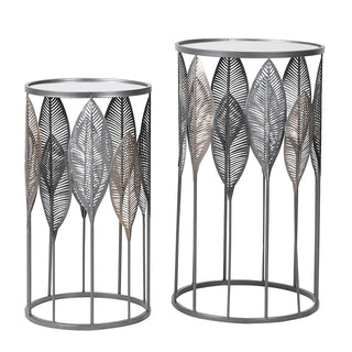 Set of 2 silver nesting side tables with mirror tops and leaf design – statement furniture from Lily Bloom Gorey