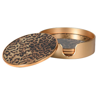 Set of 4 round leopard print coasters with holder. Stylish home accessory available at Lily Bloom, Gorey, Ireland.