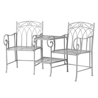 Love Seat with grey washed finish, vintage iron companion seat for gardens – buy online at www.lilybloom.ie or visit Lily Bloom, Gorey, Ireland