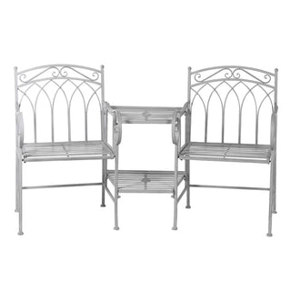 Love Seat with grey washed finish, vintage iron companion seat for gardens – buy online at www.lilybloom.ie or visit Lily Bloom, Gorey, Ireland
