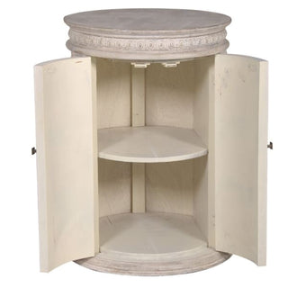 Cylindrical resin round door cabinet with concealed internal storage, 72cm high and 50cm diameter. A sculptural side cabinet perfect for hallways, bedrooms or living rooms. Available from or buy now from: Lily Bloom, Gorey, Co. Wexford