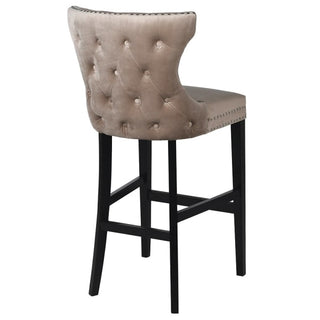 Back view of the Matteo Taupe Barstool — curved high back, plush taupe velvet upholstery and studded detailing, stylish modern bar seating
