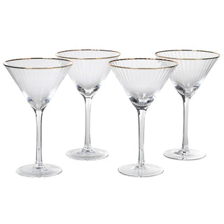 The Gibson – Set of 4 Ribbed Gold Rim Martini Glasses with a ribbed glass design and luxurious gold rims, perfect for cocktails and martinis.