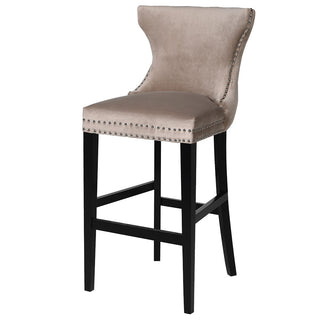 Matteo Taupe Studded Barstool by Lily Bloom — taupe velvet barstool with black birch legs and antique brass stud trim, elegant contract-grade seating