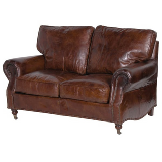 Maxwell vintage brown leather 2 seater sofa – handcrafted top grain leather with feather-filled cushions. Available at Lily Bloom, Gorey, Ireland.