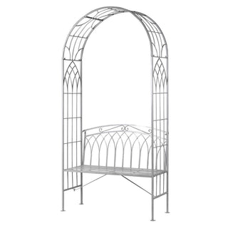 Metal garden arch with bench in grey wash finish, iron garden seating with decorative scrollwork – buy online at www.lilybloom.ie or visit Lily Bloom, Gorey, Ireland