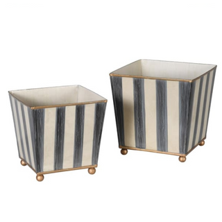 Set of two tapered metal planters with blue-grey and white vertical stripes, gold rim and ball feet – Monaco Stripe Planters, available at Lily Bloom, Gorey, Ireland.