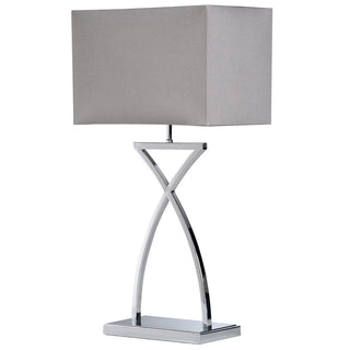 Modern table lamp with brushed steel crossed base and grey rectangular faux silk shade – available at Lily Bloom, Gorey, Ireland.