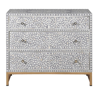 Moonstone grey bone inlay chest with gold base and knobs, featuring three drawers – available at Lily Bloom, Gorey, Ireland.