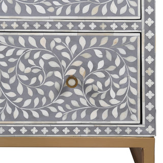 Moonstone grey bone inlay chest with gold base and knobs, featuring three drawers – available at Lily Bloom, Gorey, Ireland.