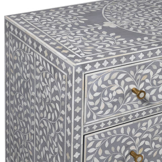 Moonstone grey bone inlay chest with gold base and knobs, featuring three drawers – available at Lily Bloom, Gorey, Ireland.