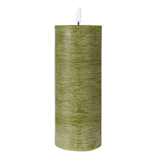 15cm small moss green LED candle with melted wax top – safe, battery-operated design. Pair with medium version. Available at Lily Bloom, Gorey, Ireland.