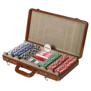 An open brown leatherette carrying case filled with poker chips in blue, white, black, green, and red, plus a deck of cards and a round dealer chip on a plain white background.