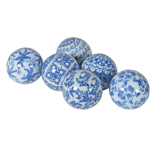 Set of 6 Blue and White Porcelain Orbs, decorative chinoiserie-style spheres for interior styling – buy online at www.lilybloom.ie or visit Lily Bloom, Gorey, Ireland