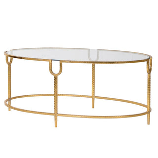 Oval glass coffee table with hammered texture top and gold frame – available at Lily Bloom, Gorey, Ireland.