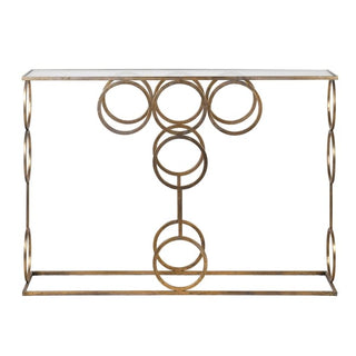 The Paloma Console Table – gold metal frame with looped-circle base and clear glass top, available at Lily Bloom, Gorey, Ireland.