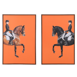Set of two bold orange equestrian art prints — Piaffe d’Orange by Lily Bloom, depicting horses in motion with warm amber tones.
