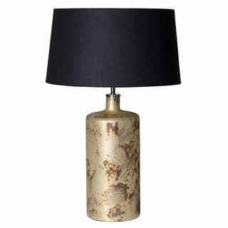 Rachel distressed gold glass table lamp with natural linen shade – artisan-style lighting with a warm glow, available at Lily Bloom, Gorey, Ireland.