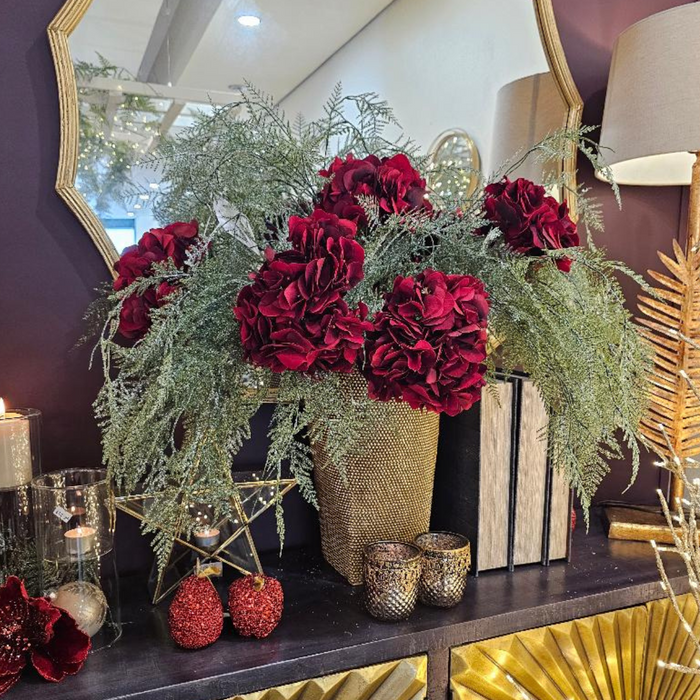 Red Hydrangea, Glitter Fern & Gold Beaded Vase Display