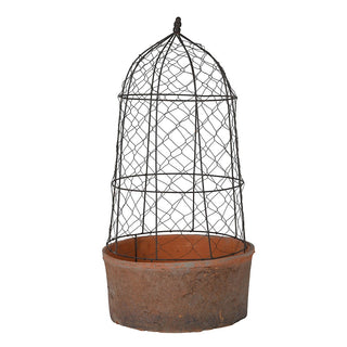 Large aged red clay pot with wire dome – rustic floor décor piece for indoor or outdoor use. Pair with the smaller size. Available at Lily Bloom, Gorey, Ireland.