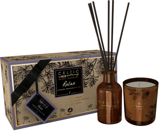 Relax Apothecary Candle & Diffuser Gift Set proudly made in Ireland, featuring a luxury 200g lavender and chamomile scented candle, matching reed diffuser, recycled glass vessels and sustainable gift packaging. Available at Lily Bloom, Gorey, Ireland.