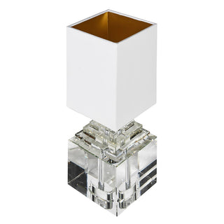 Roxanne Crystal Cube Table Lamp – clear crystal base, antique brass stem, and white linen shade, available at Lily Bloom, Gorey, Ireland