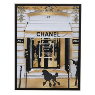 Rue Cambon 31 framed fashion print – black and white boutique scene with gold accents and poodle. Available at Lily Bloom, Gorey, Ireland.