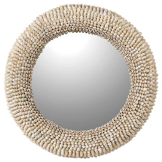 Sorento shell round wall mirror with natural green-toned finish, styled for a bathroom, hallway or bedroom wall at Lily Bloom
