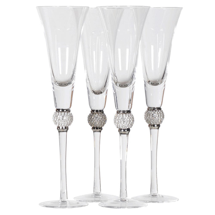 Set of 4 Silver Diamante Ball Champagne Flutes