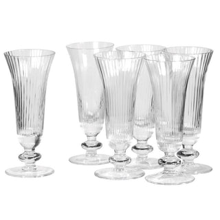 Set of 6 ribbed glass champagne flutes with tall slender shape – The Savoy Flute, available at Lily Bloom, Gorey, Ireland.