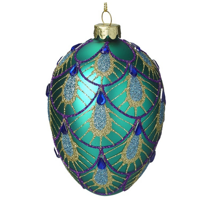 Set of 2 Blue Peacock Design Glass Egg