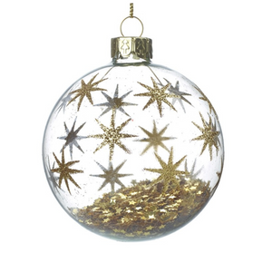 Set of 2 Gold Stars And Clear Glass Bauble