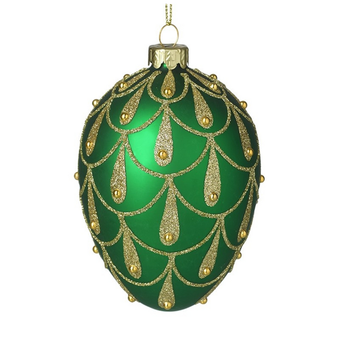 Set of 2 Green & Gold Drop Design Glass Egg